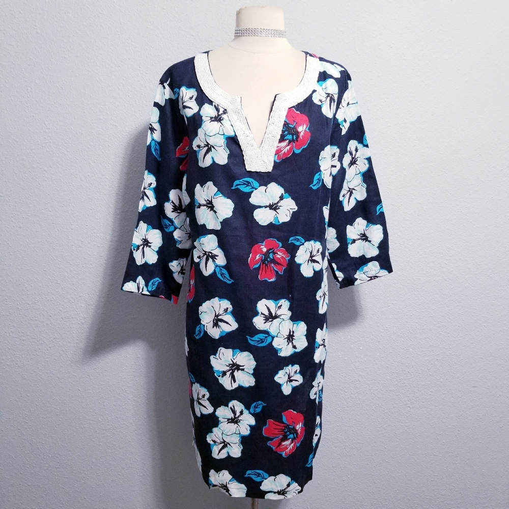 Talbots Navy Floral Shift Dress with White and Red Flowers